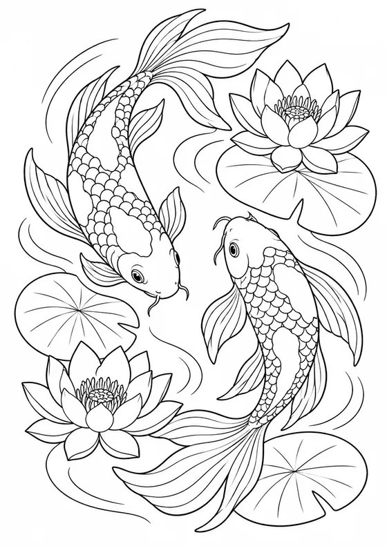 Colouring page: koi fish swimming among lily pads.